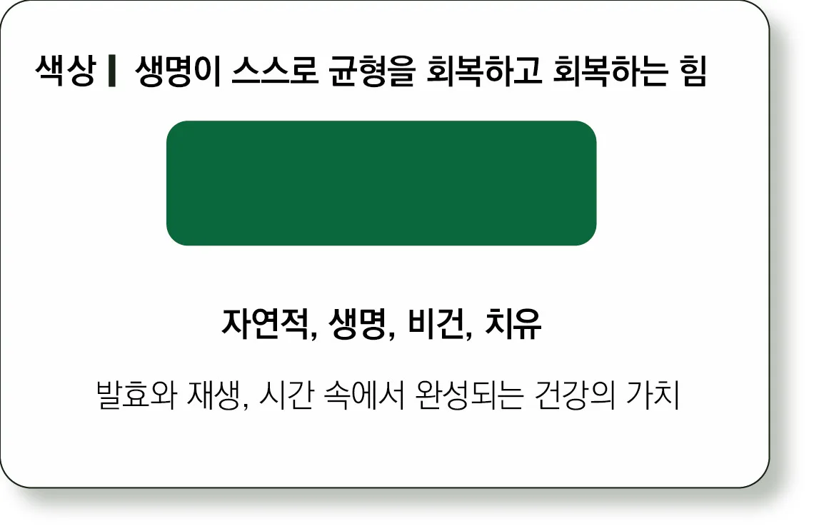 색상 보드. Vicell Green 색상과 자연적, 생명, 비건, 치유의 의미를 설명