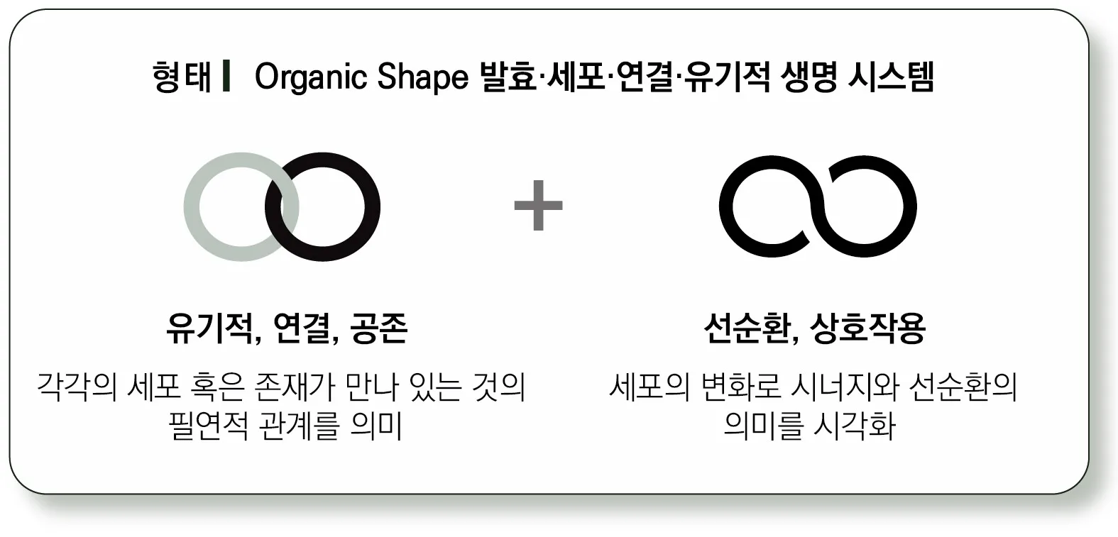 형태 Organic Shape 보드. 발효·세포·연결·유기적 생명 시스템을 두 개의 원과 무한대 기호로 설명